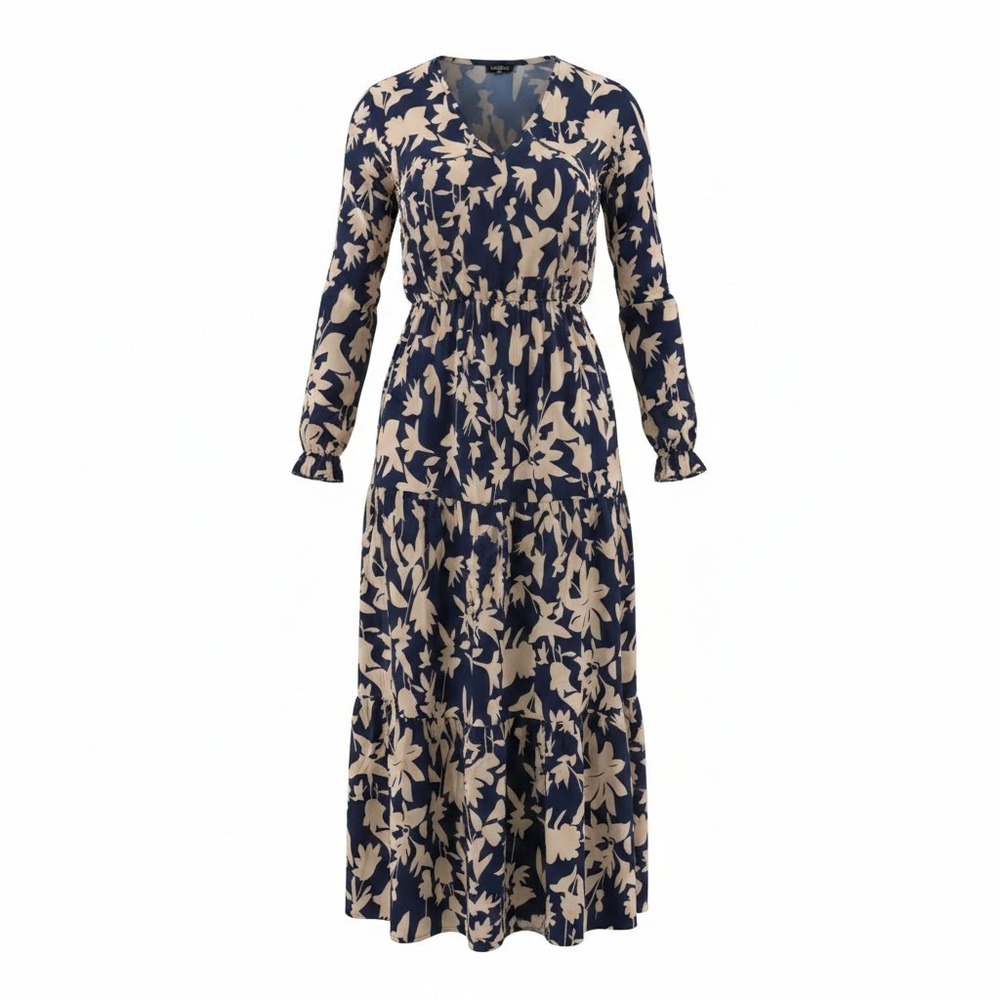 Womens‎ XXL Navy Blue Floral Tiered Maxi Dress Boho Cottagecore Peasant NWT